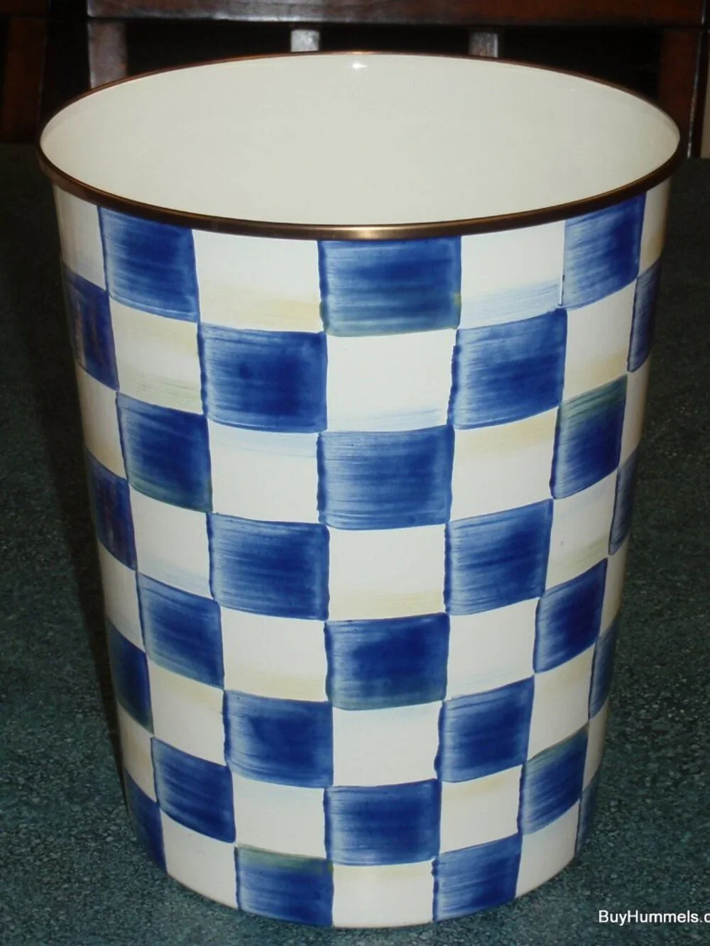 MacKenzie-Childs Royal Check Blue & White Enamel Waste Bin Trash Can 9